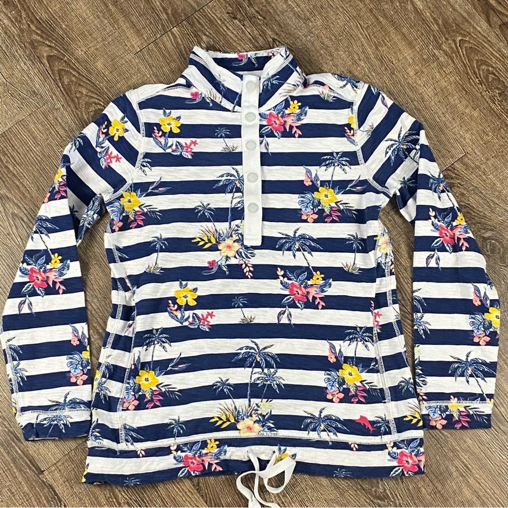Tommy Bahama Shirt Women Size XS White Blue Floral Snap Mock Neck Front Pocket